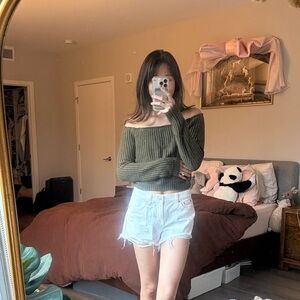 Hunter green LF seek the label off the shoulder cropped sweater